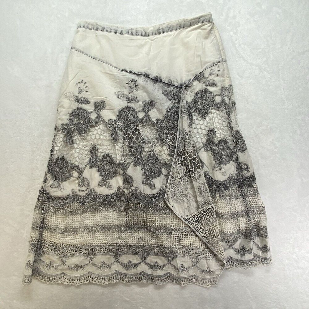 Soft Surroundings Midi Skirt Womens PXS Grey White Crochet Floral Artsy flawed